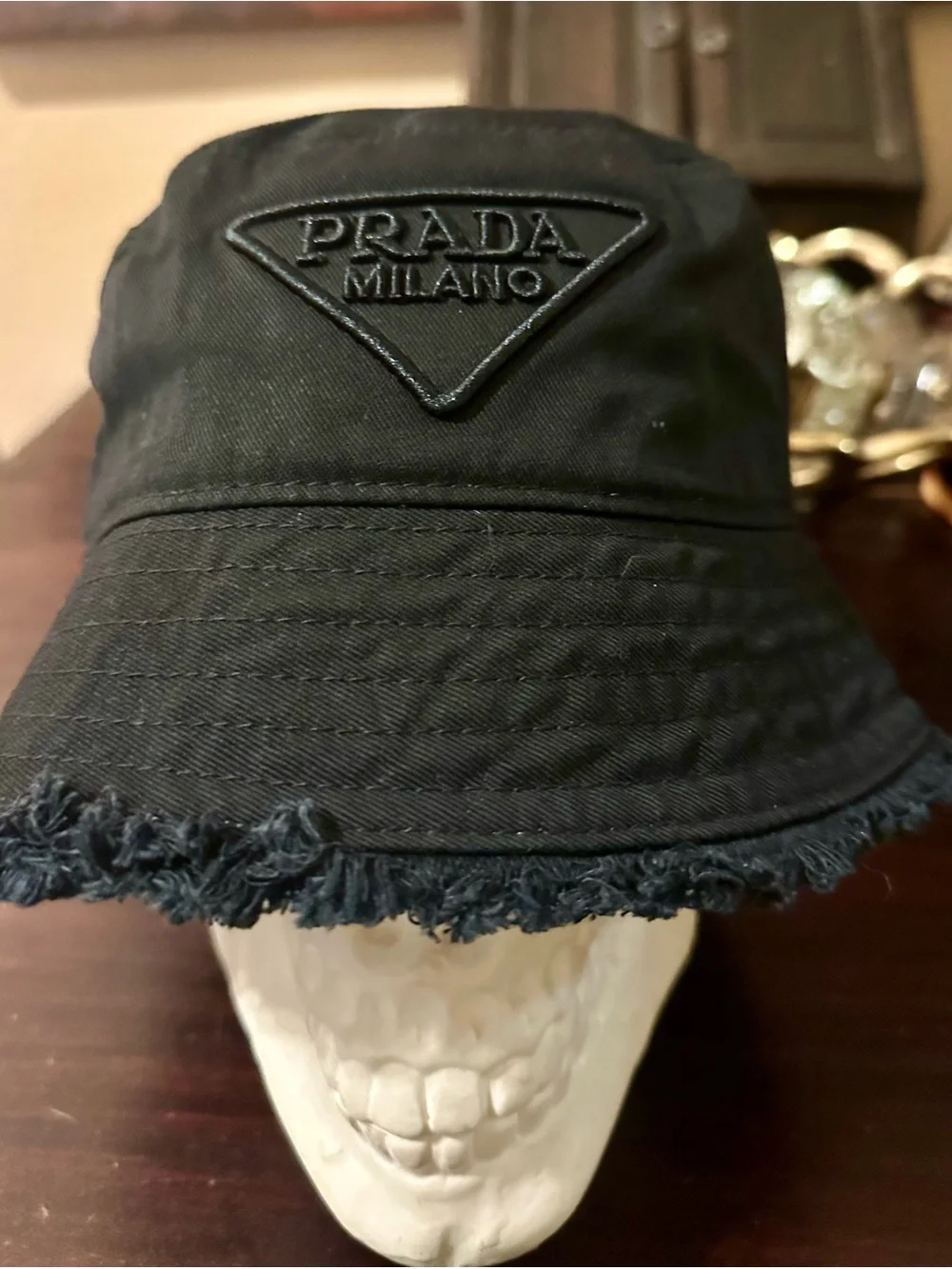 Prada Black Frayed-Brim Bucket Hat with Milano Patch